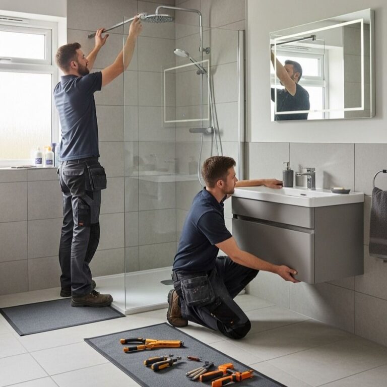 home 3 Skilled plumber in Kenosha WI fixing bathroom sink pipes using professional tools