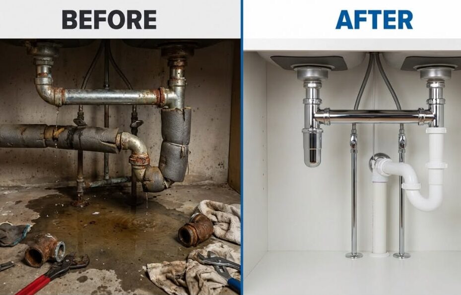 Gallery 1 Before and after plumbing repair in Kenosha showing damaged pipes replaced with clean and efficient plumbing system