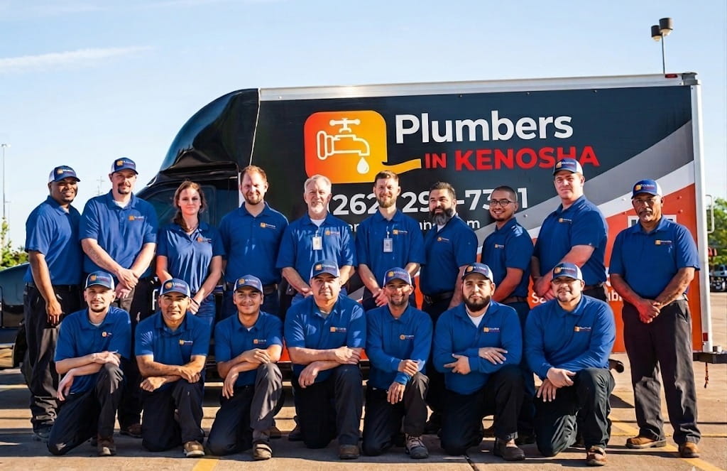 home 23 Local plumbing team in Kenosha WI standing beside service vehicle ready for residential plumbing repairs